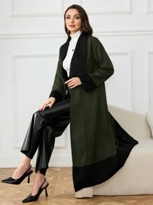 Al Najma Women's Dark Green Open Front Patchwork Jacquard Robe, Stylish And Elegant
