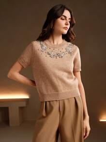 Anewsta Handmade Embroidered And Rhinestone Embellished Knit Top - Khaki - View 6