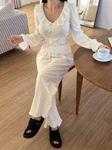 DAZY Floral Ruffle Trim Design Cropped Top And Wide Leg Loose Pants Pajama Set, Fall Winter Clothes - White - View 7