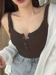 DAZY Áo thun trơn màu thường ngày cho nữ, Áo ba lỗ mùa hè - màu nâu - Xem 1