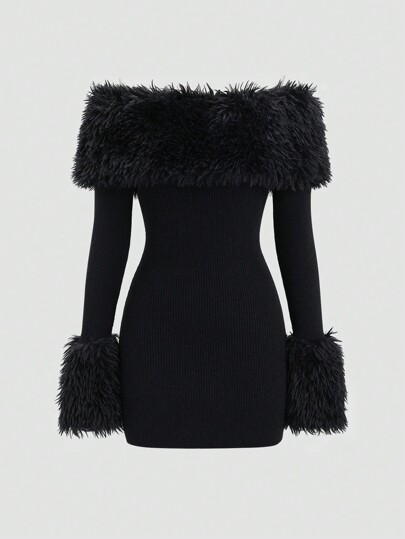 Lunelith SHEIN Lunessa Women Autumn/Winter Casual Everyday Elegant Patch Fluffy Trim Off-Shoulder Sweater Dress