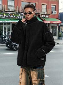 Manfinity NXTstreet Men's Solid Color Pockets Thermal Lined Loose Fit Long Sleeve Jacket & Outerwear, Autumn/Winter Going Out Vintage Black Warm Jacket, For Friends, Husband, Boyfriend Gifts - Black - View 1