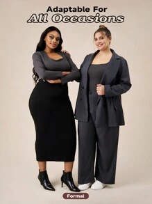 SHEIN BASICS 休闲纯色针织圆领长袖 T 恤，带侧褶，加大码 - 深灰色 - 查看 4