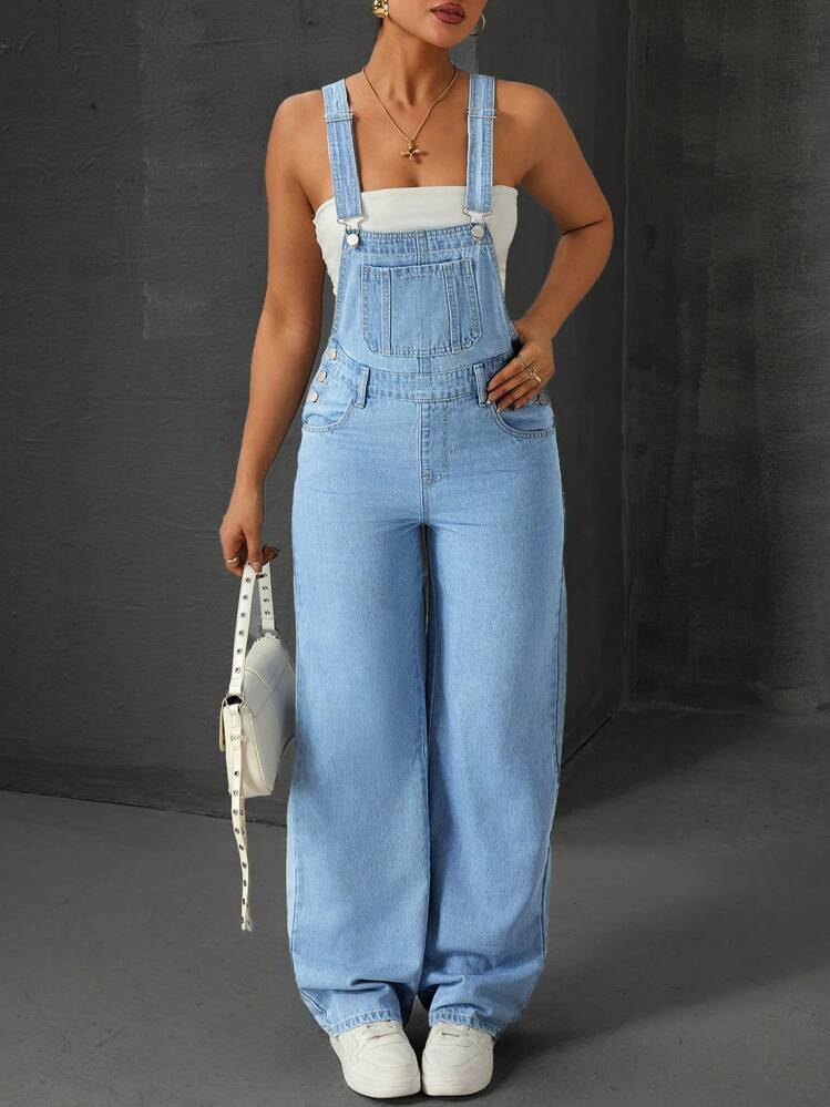 SHEIN ICON Combinaison en jean décontractée sans manches avec poches évasées et décoration assortie