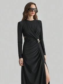 Ontre Long Sleeve Knit Dress, Material, Women's Clothing 2025 New Spring Collection, Black Color V-Neck Long Sleeve High Slit Elegant Sexy Dress, Women's Spring/Summer Clothing, Metal Decor - Black - View 4