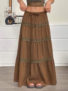 SHEIN EZwear Women's Solid Color Lace Patchwork Ruffle Hem Casual Holiday Skirt - Brown - View 4