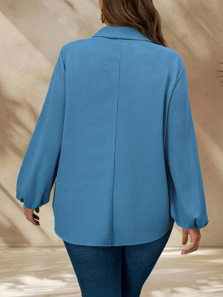 Plus Size Women's Blue Shirt V-Neck Button Decoration Chest Split Pleat Volume Puff Sleeves Waffle Fabric Loose T-Shirt,Winter Clothes For Women