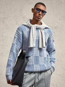 AKNOTIC Business Casual Men's Loose Fit Plaid Pattern Knitted Open Front Cardigan, Suitable For Autumn & Winter
