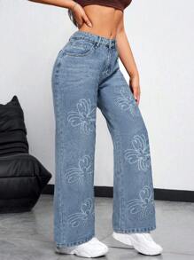 Women's Floral Printed Straight Leg Jeans - Light Wash - View 4