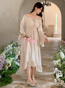 DAZY Robe mi-longue à manches évasées et épaules dénudées, taille avec lien, couleur unie, pour vacances. Volants, automne/hiver - Blanc - Voir 7