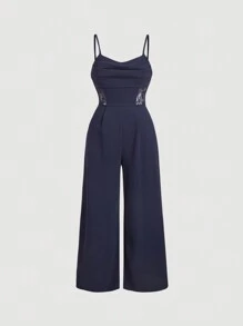 SHEIN MOD Plus Size Women Solid Color Plunge Neck Waist Splicing Lace Wide Leg Elegant Jumpsuit - Navy Blue - View 1