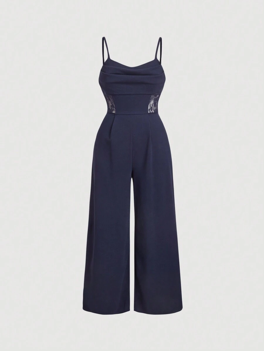 SHEIN MOD Plus Size Women Solid Color Plunge Neck Waist Splicing Lace Wide Leg Elegant Jumpsuit - Navy Blue - View 1