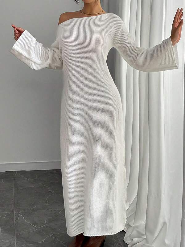 Lunelith SHEIN Lunessa Women Asymmetric Neck Solid Color Long Sleeve Casual Sweater Dress, Autumn/Winter