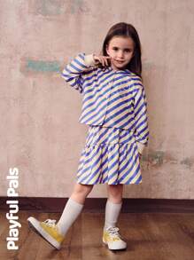 SHEIN 2 Pcs Young Girls Sets Colorful Striped Lion Embroidery Hooded Sweatshirt & Skirt Suits Cute/Retro/Casual/Outing Autumn/Winter/Spring Suitable For School And Outings