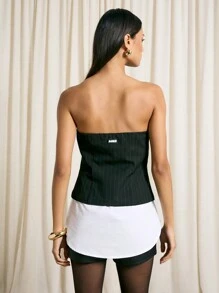 AiiRZ Pinstripe Strapless Corset Blazer Top Formal Evening Business Professional Workwear Party Statement Vest Fashion Autumn Winter - Black - View 2