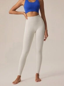 Lifespree Simple Solid Color Seamless High Elastic Sports Leggings - Beige - View 3