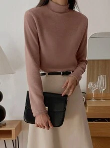 DAZY Women's Casual Solid Color Stand Collar Thermal Lined Basic T-Shirt, Autumn/Winter Long Sleeve Women Tops,Fall Women Clothes Turtleneck Women - Rose Red - View 2