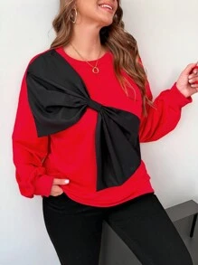 SHEIN Privé 大码女式 3D 蝴蝶结圣诞运动衫，红色配黑色蝴蝶结，节日氛围礼物 - 紅色 - 查看 3