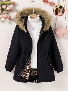 Tween Girls Casual Leopard Fleece Jacket - Black - View 1