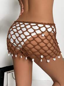 Women's Summer Seashell Trim Crochet Openwork Cover-Up With Drawstring Hem & Skirt - Coffee Brown - View 2