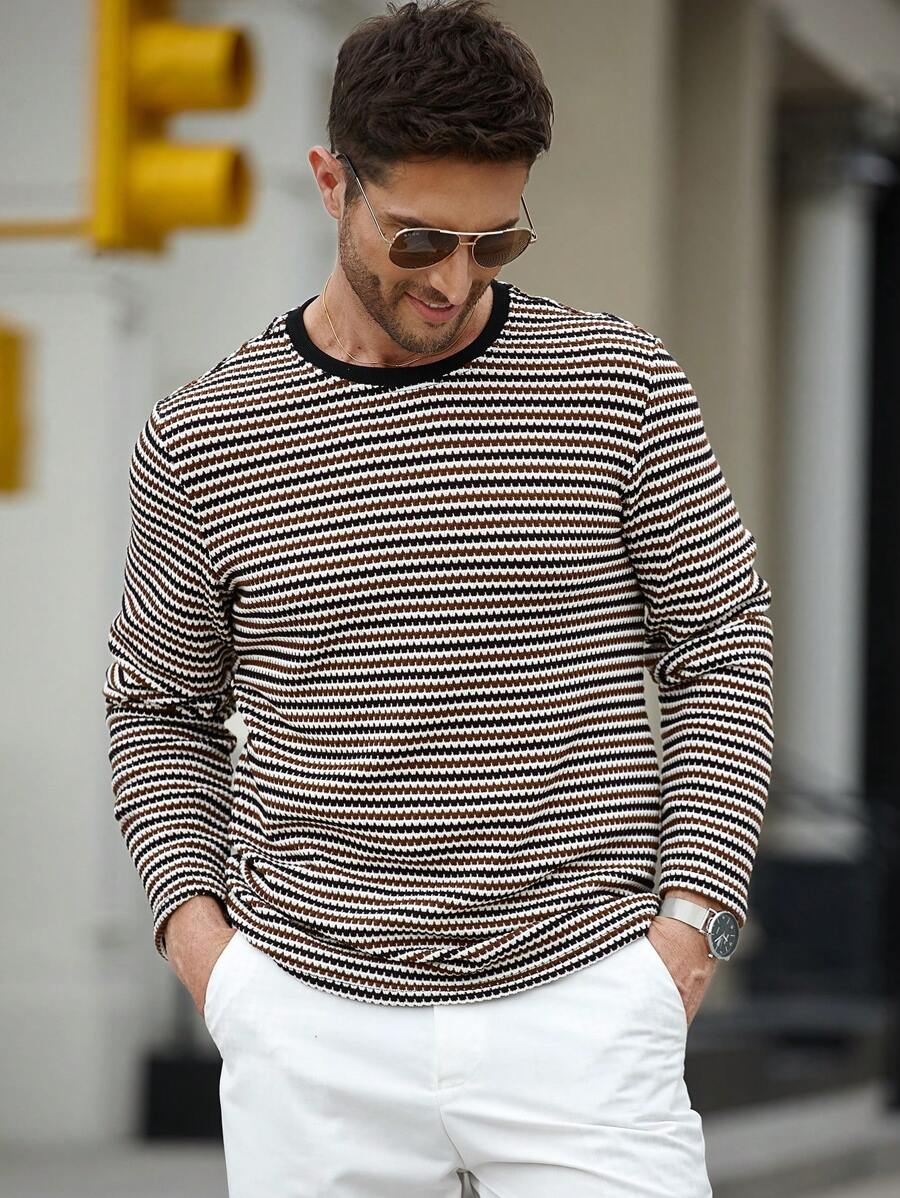 Manfinity Homme 男士条纹印花休闲圆领长袖 T 恤