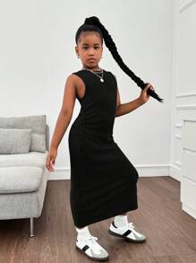 SHEIN Conjunto de niña preadolescente de cárdigan de punto acanalado de otoño/invierno con vestido entallado con abertura - Negro - Ver 5