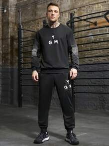Gym Rark Tuta sportiva da uomo con stampa di lettere, composta da maglia a maniche lunghe con collo rotondo e pantaloni lunghi, adatta per palestra e allenamento - nero - Visualizzare 1