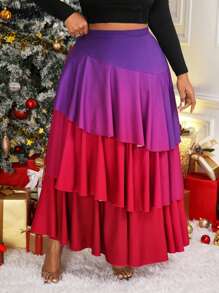 Slaydiva Plus Size Women's High Waist Patchwork Multi-Layer Ruffle Gradient Color Midi Skirt, Fashionable - Multicolor - View 6