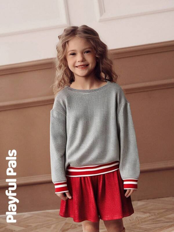 SHEIN 2pcs/Set Young Girls Cute/Vintage/Fun/Cartoon Solid Color Contrast Long Sleeve Crew Neck Top & Velvet Mini Skirt Set, For Christmas, Spring/Autumn/Winter