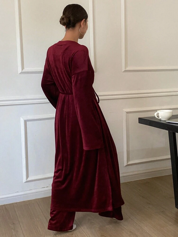 2pcs Velvet Robe & Straight Leg Pants Home Wear Set, Minimalist, Waist Cinched Midi Gown & Loose Trousers Pajama,New Year