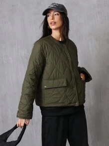 Aveloria Affinna Autumn/Winter Clothes Casual Rhombic Quilted Padded Padded Coat With Large Pockets, Crew Neck, Long Sleeve, Short Style  - Army Green - View 8