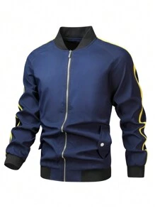 Manfinity Homme Giacca da baseball casual con colletto con zip e maniche raglan a contrasto, giacca leggera da uscita autunnale, giacca casual color block con maniche lunghe, blu royal, regalo per amici, marito, fidanzato - Blu Navy - Visualizzare 3