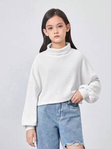 SHEIN Tween 女童柔软针织宽松短款高领长袖套头毛衣 - 白色 - 查看 5