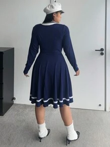 Flirla Plus Size Sweet & Spicy Color Block Long Sleeve Dress, College Style - Navy Blue - View 3