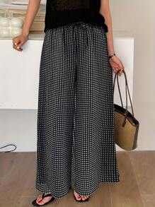 SHEIN LUNE Women's Printed Plaid Casual Loose Pants - Black - View 5