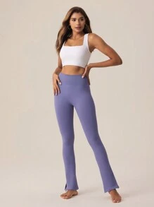 Easithlete Women High Elastic Seamless Yoga Pants, Solid Minimalist Style For Leisure And Daily Wear - Dusty Blue - View 3