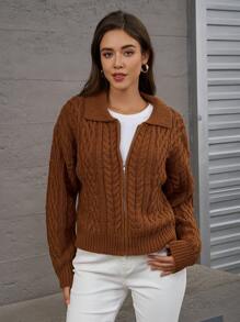 INAWLY Women's Autumn/Winter Turtleneck Zip-Up Retro Ribbed Knitted Cardigan Sweater - Khaki - View 6