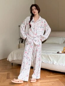 DAZY Floral Print Contrast Color Trim Long Sleeve Pajama Set