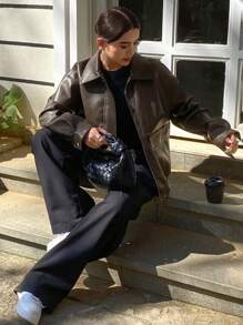 DAZY 秋季新款宽松休闲PU皮女式夹克，秋季女装皮夹克