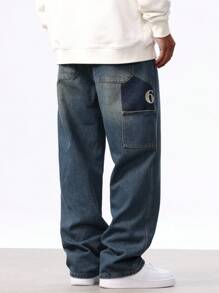 Chillumni Jeans casuales y versátiles de pierna ancha con bolsillo numérico para hombres - Azul lavado medio - Ver 2