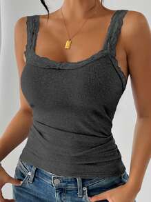 INAWLY Kích thước lớn Màu thuần Ren Vá lại Thon gọn Áo ba lỗ Áo - màu đen - Xem 3