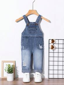 SHEIN Baby Boy Light Washed Blue Distressed Simple Casual Cuffed Straight Leg Denim Bib Overalls - Light Wash - View 1