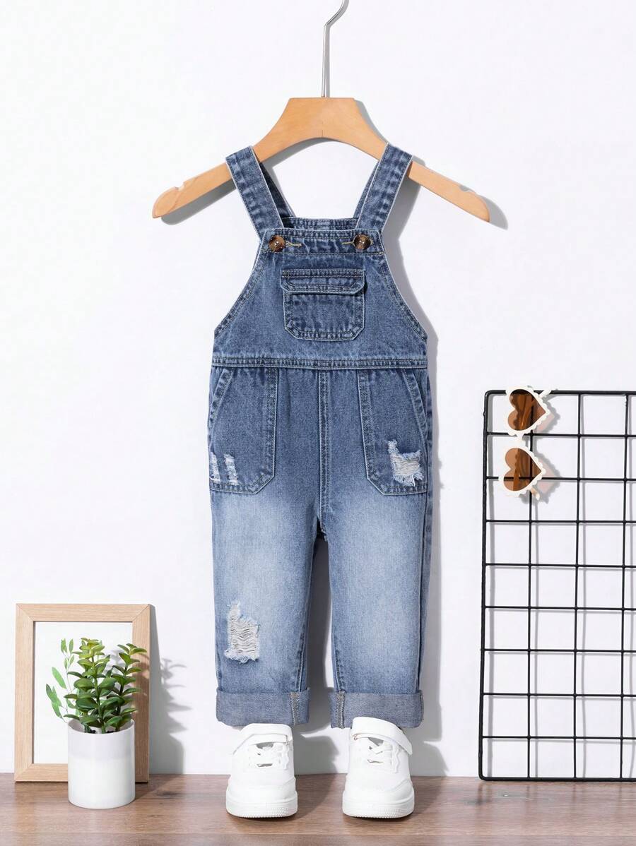 SHEIN Baby Boy Light Washed Blue Distressed Simple Casual Cuffed Straight Leg Denim Bib Overalls - Light Wash - View 1