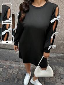 Celure 女士加大码镂空蝴蝶结装饰圆领长袖迷你连衣裙