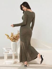 Modelyn Vestido largo con hombros descubiertos, frente fruncido y punto de canalé para mujeres, vestido largo de noche maxi para otoño/invierno