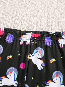 SHEIN Tween Girl 荧光卡通独角兽与星星图案圆领长袖裤舒适休闲睡衣睡衣套装，2 件（作为兄弟姐妹/配套服装单独出售） - 黑色 - 查看 5