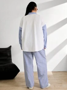 RueChic Drop Shoulder Stripe Pattern Flap Pocket Detailed Shirt And Pant - Blue and White - View 2