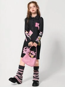 SHEIN Váy dài tay cổ bẻ in chữ thời trang giản dị cho bé gái tuổi mới lớn, phù hợp để đi làm hàng ngày, ngày lễ, phong cách đường phố, mùa thu/đông - màu đen - Xem 6