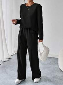 SHEIN LUNE 2pcs/Set 25+ Casual Sports Textured Sweatshirt And Pants Set - Black - View 6