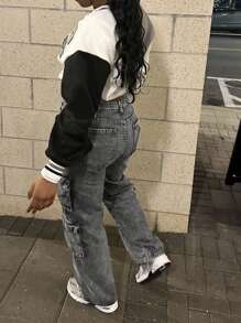 Women's Y2K Streetwear Multi-Pocket Straight Leg Cargo Jeans With Flap Pockets - Light Grey - View 2